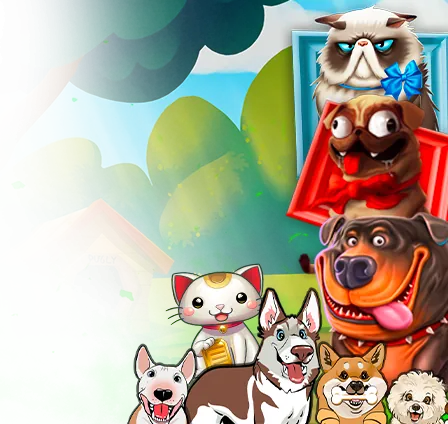 Visuel d'un tournoi du lobby Betify : un chat grincheux, un carlin, un rottweiler, un husky et d'autres chiens dans un jardin