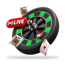 Roue de roulette et cartes avec l'indicateur LIVE, visuel Casino en direct du lobby Betify
